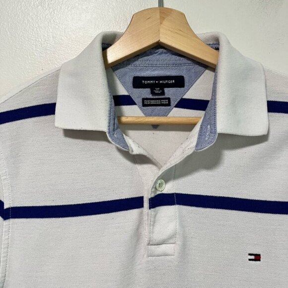 Tommy Hilfiger Men’s Small White & Navy Striped Polo Shirt - Performance Pique - Picture 7 of 12